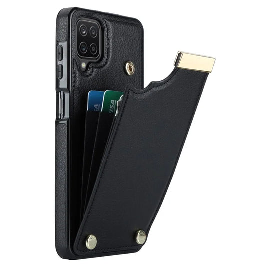 For Samsung Galaxy A12 Case Anti-fall TPU+PU Leather Phone Cover with Metal Hardware Decor