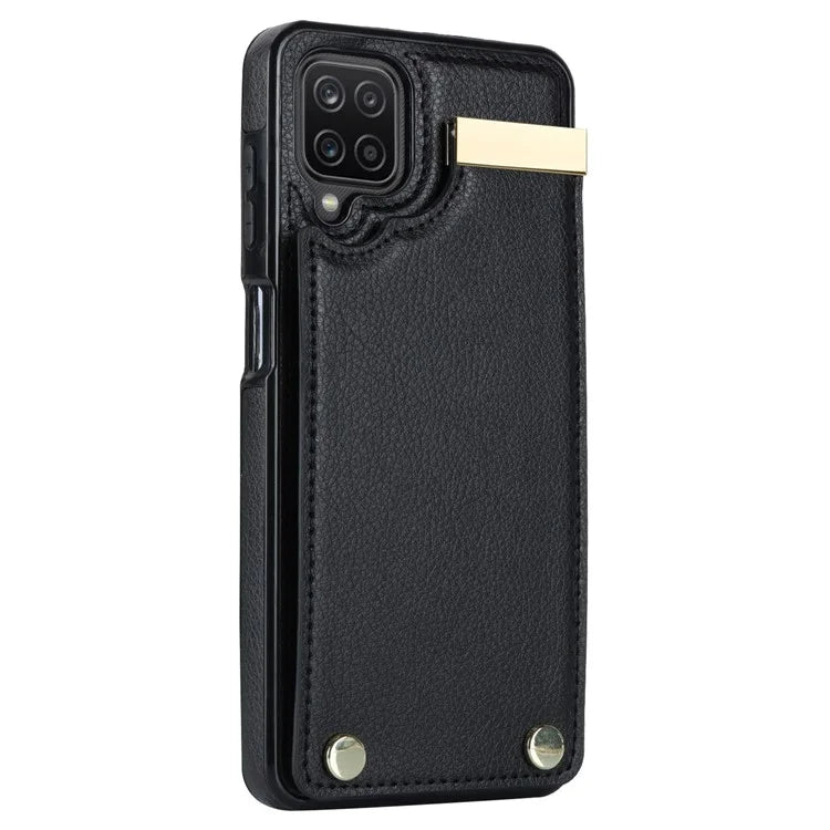For Samsung Galaxy A12 Case Anti-fall TPU+PU Leather Phone Cover with Metal Hardware Decor