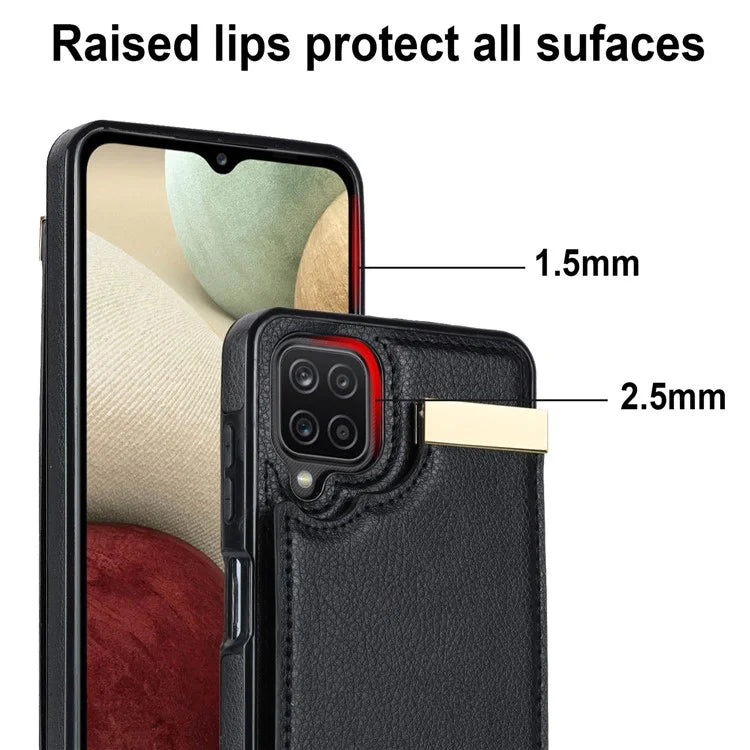 For Samsung Galaxy A12 Case Anti-fall TPU+PU Leather Phone Cover with Metal Hardware Decor