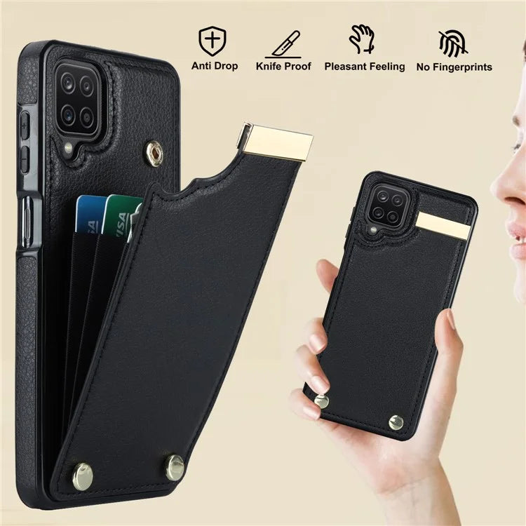 For Samsung Galaxy A12 Case Anti-fall TPU+PU Leather Phone Cover with Metal Hardware Decor