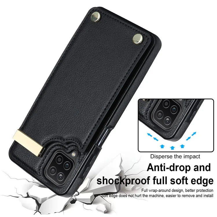 For Samsung Galaxy A12 Case Anti-fall TPU+PU Leather Phone Cover with Metal Hardware Decor