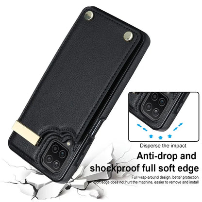 For Samsung Galaxy A12 Case Anti-fall TPU+PU Leather Phone Cover with Metal Hardware Decor