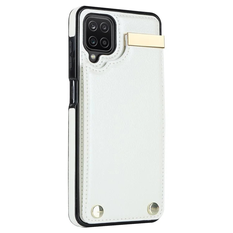 For Samsung Galaxy A12 Case Anti-fall TPU+PU Leather Phone Cover with Metal Hardware Decor