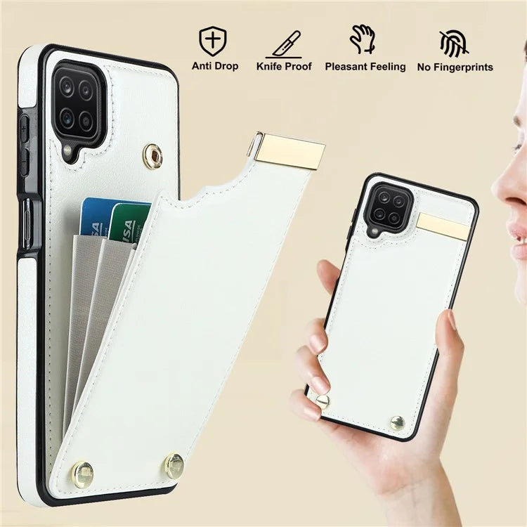 For Samsung Galaxy A12 Case Anti-fall TPU+PU Leather Phone Cover with Metal Hardware Decor