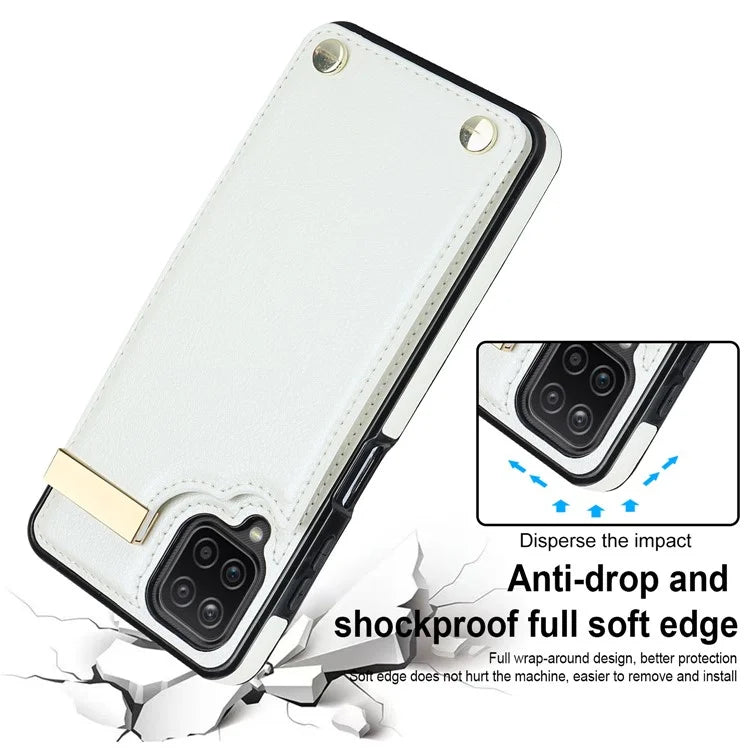 For Samsung Galaxy A12 Case Anti-fall TPU+PU Leather Phone Cover with Metal Hardware Decor