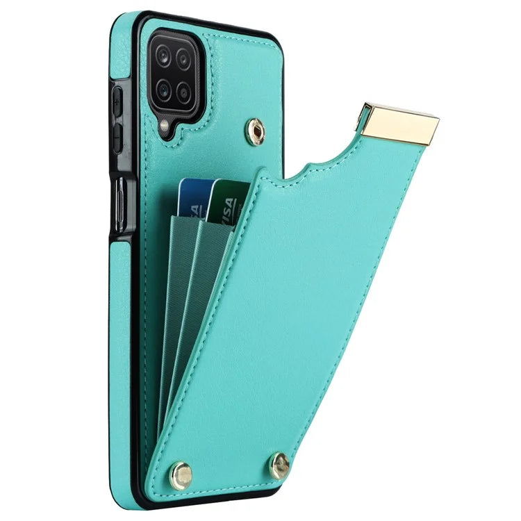 For Samsung Galaxy A12 Case Anti-fall TPU+PU Leather Phone Cover with Metal Hardware Decor