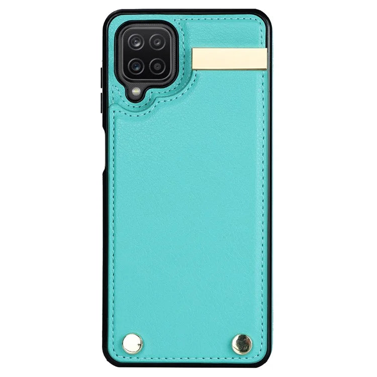 For Samsung Galaxy A12 Case Anti-fall TPU+PU Leather Phone Cover with Metal Hardware Decor