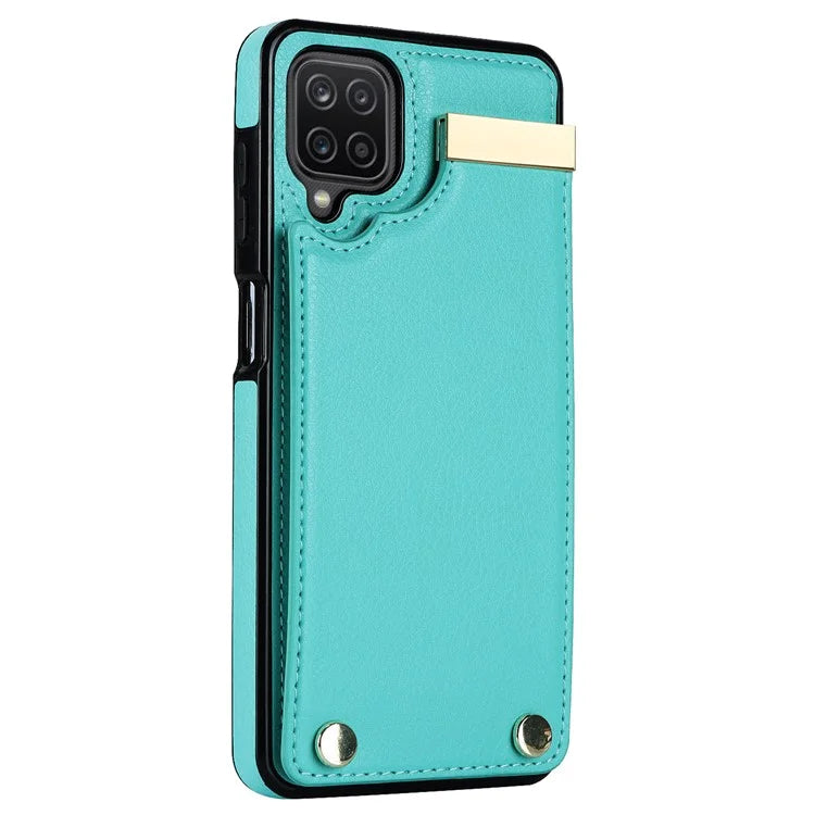 For Samsung Galaxy A12 Case Anti-fall TPU+PU Leather Phone Cover with Metal Hardware Decor