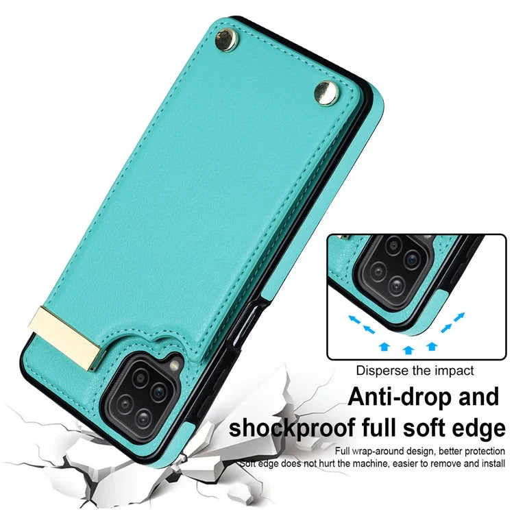 For Samsung Galaxy A12 Case Anti-fall TPU+PU Leather Phone Cover with Metal Hardware Decor