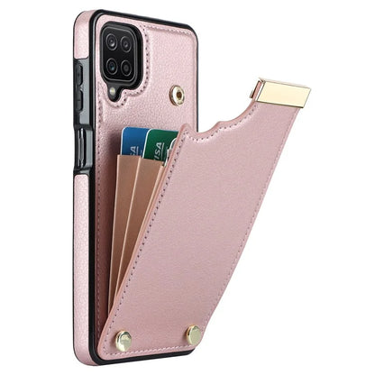 For Samsung Galaxy A12 Case Anti-fall TPU+PU Leather Phone Cover with Metal Hardware Decor