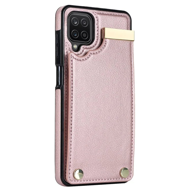 For Samsung Galaxy A12 Case Anti-fall TPU+PU Leather Phone Cover with Metal Hardware Decor