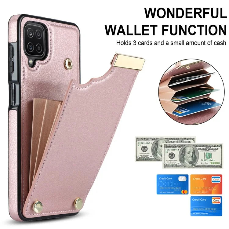 For Samsung Galaxy A12 Case Anti-fall TPU+PU Leather Phone Cover with Metal Hardware Decor