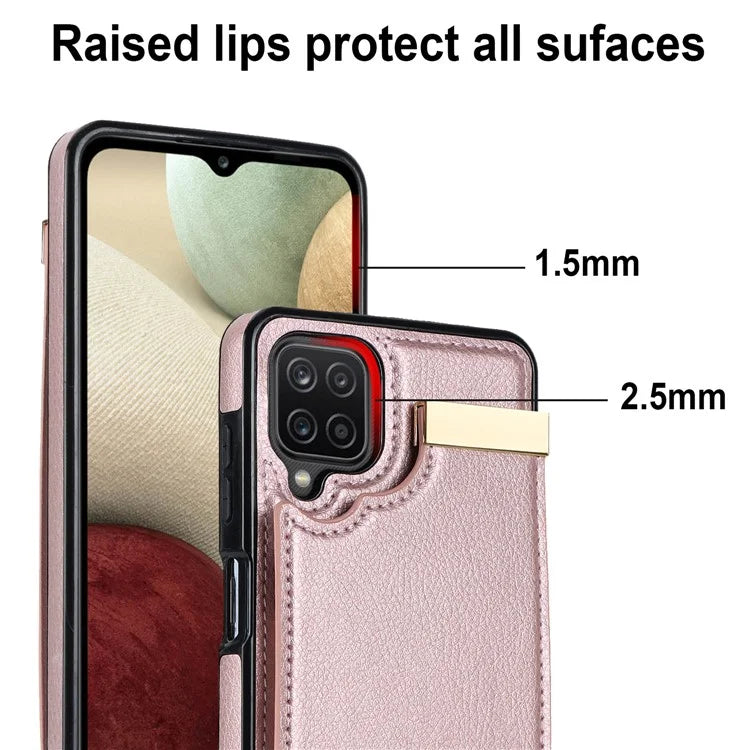 For Samsung Galaxy A12 Case Anti-fall TPU+PU Leather Phone Cover with Metal Hardware Decor