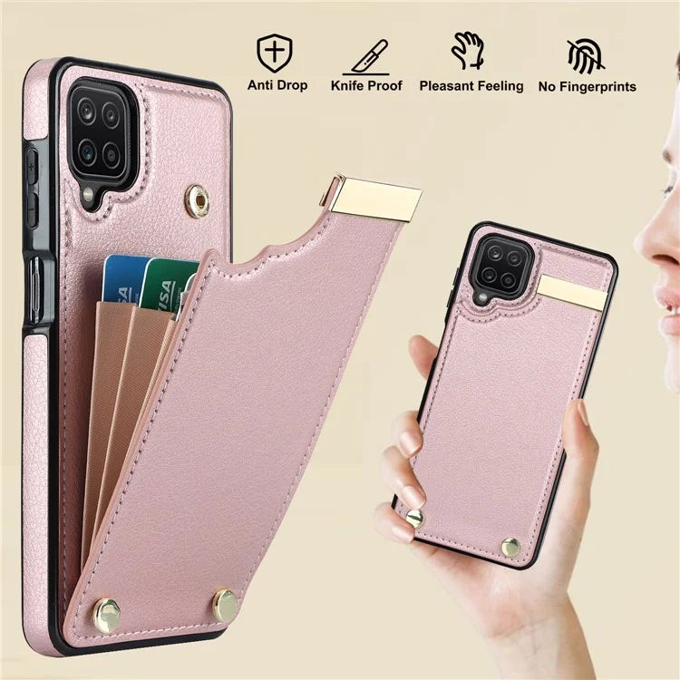 For Samsung Galaxy A12 Case Anti-fall TPU+PU Leather Phone Cover with Metal Hardware Decor