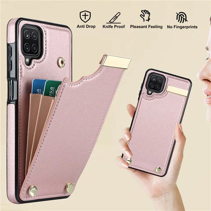 For Samsung Galaxy A12 Case Anti-fall TPU+PU Leather Phone Cover with Metal Hardware Decor