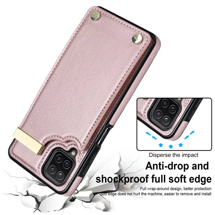For Samsung Galaxy A12 Case Anti-fall TPU+PU Leather Phone Cover with Metal Hardware Decor