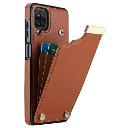 For Samsung Galaxy A12 Case Anti-fall TPU+PU Leather Phone Cover with Metal Hardware Decor