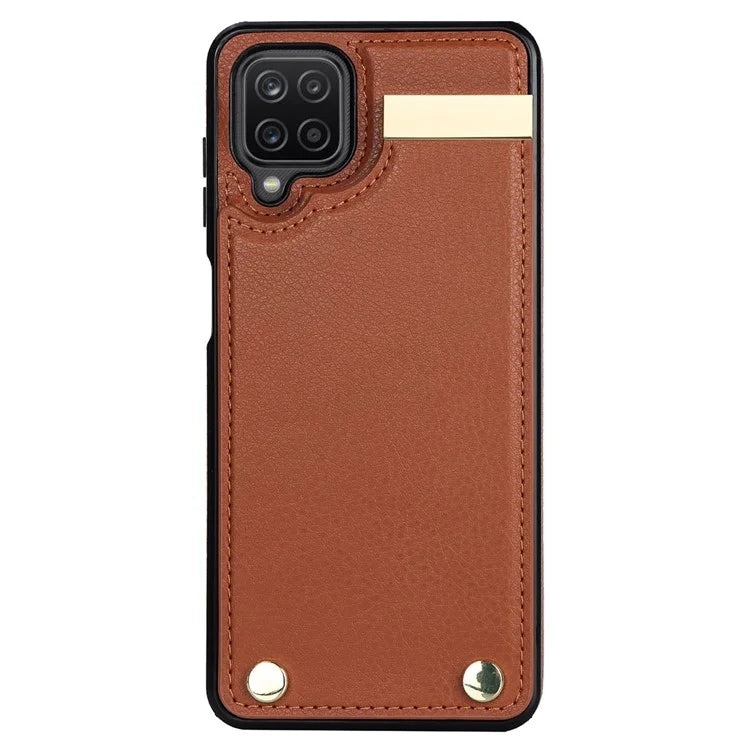 For Samsung Galaxy A12 Case Anti-fall TPU+PU Leather Phone Cover with Metal Hardware Decor