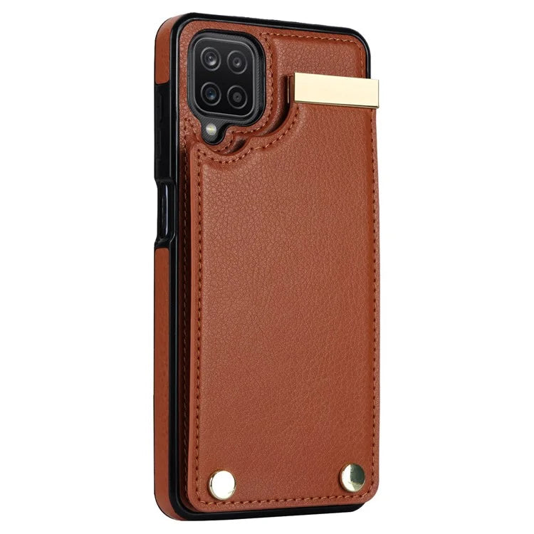 For Samsung Galaxy A12 Case Anti-fall TPU+PU Leather Phone Cover with Metal Hardware Decor