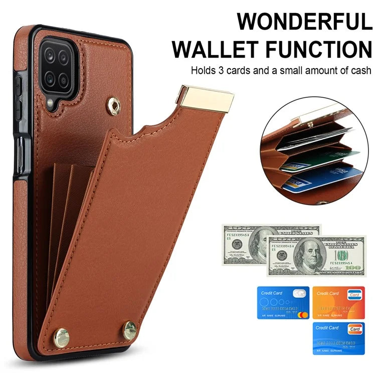 For Samsung Galaxy A12 Case Anti-fall TPU+PU Leather Phone Cover with Metal Hardware Decor