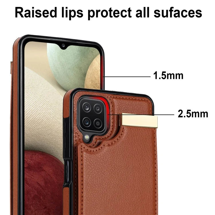 For Samsung Galaxy A12 Case Anti-fall TPU+PU Leather Phone Cover with Metal Hardware Decor