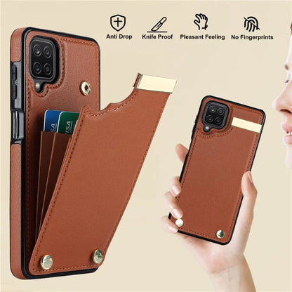 For Samsung Galaxy A12 Case Anti-fall TPU+PU Leather Phone Cover with Metal Hardware Decor