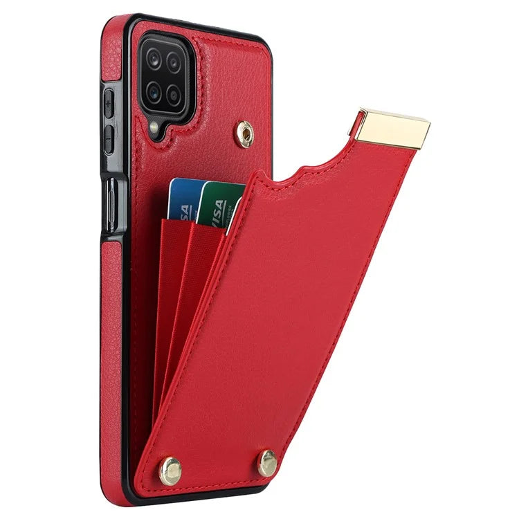 For Samsung Galaxy A12 Case Anti-fall TPU+PU Leather Phone Cover with Metal Hardware Decor