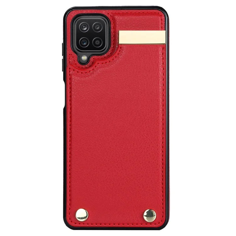 For Samsung Galaxy A12 Case Anti-fall TPU+PU Leather Phone Cover with Metal Hardware Decor