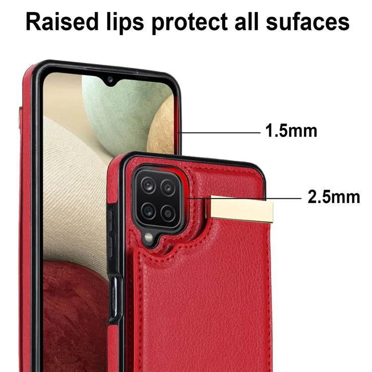 For Samsung Galaxy A12 Case Anti-fall TPU+PU Leather Phone Cover with Metal Hardware Decor