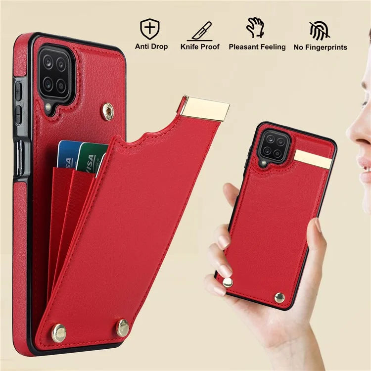 For Samsung Galaxy A12 Case Anti-fall TPU+PU Leather Phone Cover with Metal Hardware Decor