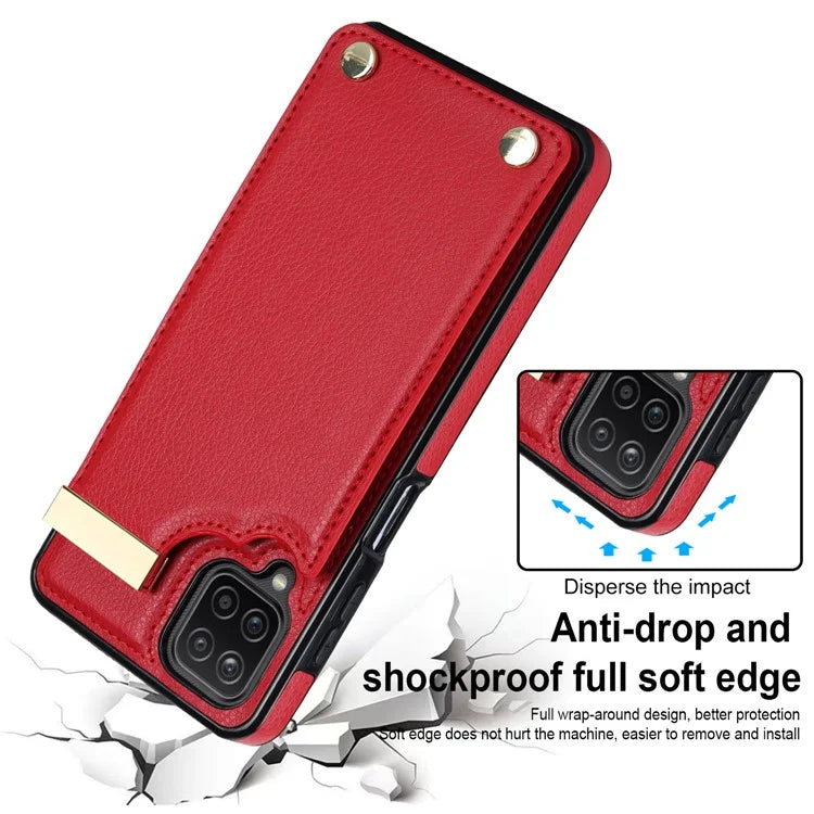 For Samsung Galaxy A12 Case Anti-fall TPU+PU Leather Phone Cover with Metal Hardware Decor