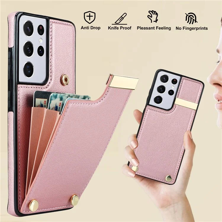 For Samsung Galaxy S21 Ultra 5G Case Shockproof TPU+PU Leather+Metal Hardware Phone Back Shell
