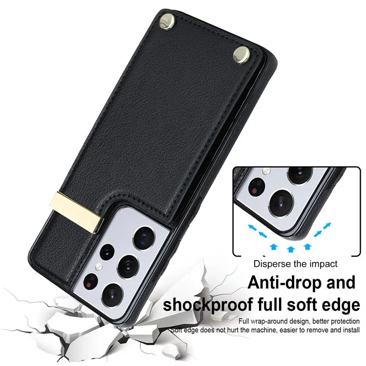 For Samsung Galaxy S21 Ultra 5G Case Shockproof TPU+PU Leather+Metal Hardware Phone Back Shell