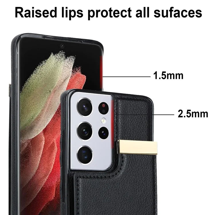 For Samsung Galaxy S21 Ultra 5G Case Shockproof TPU+PU Leather+Metal Hardware Phone Back Shell
