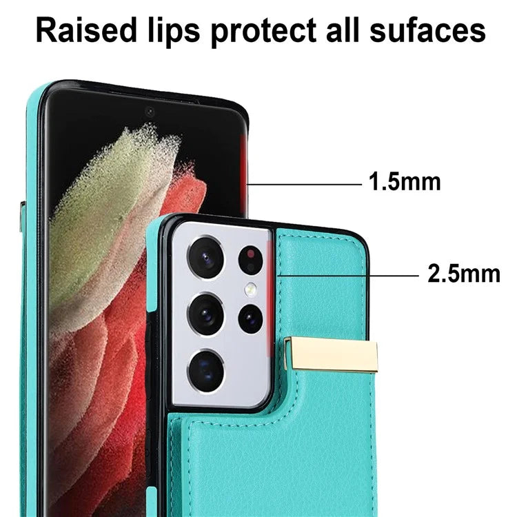 For Samsung Galaxy S21 Ultra 5G Case Shockproof TPU+PU Leather+Metal Hardware Phone Back Shell