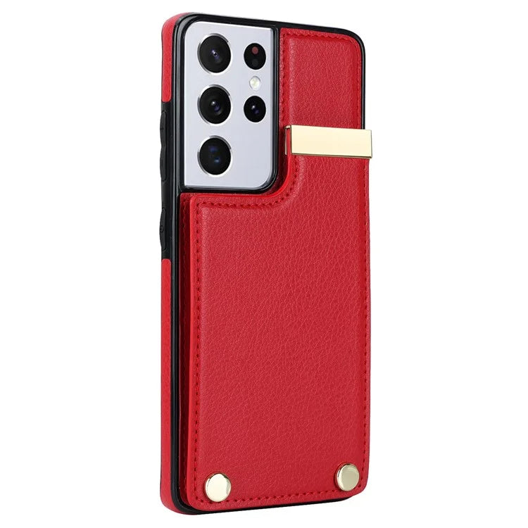 For Samsung Galaxy S21 Ultra 5G Case Shockproof TPU+PU Leather+Metal Hardware Phone Back Shell