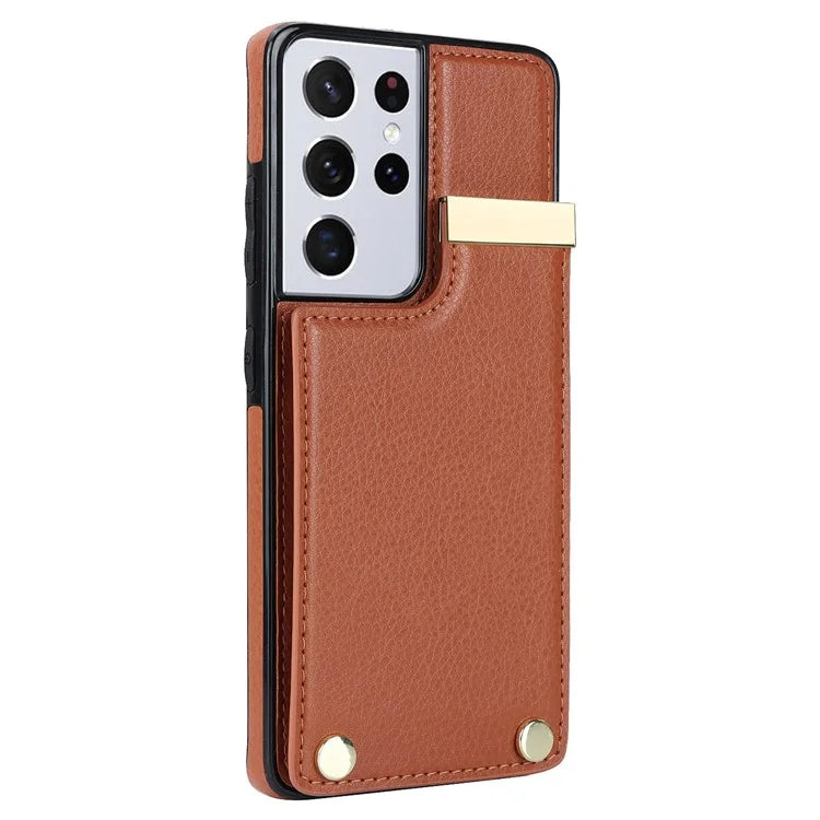 For Samsung Galaxy S21 Ultra 5G Case Shockproof TPU+PU Leather+Metal Hardware Phone Back Shell