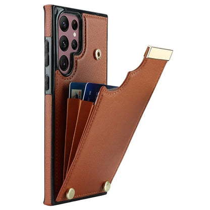 For Samsung Galaxy S22 Ultra 5G Cover Card Slots TPU+PU Leather Cell Phone Case with Metal Decor