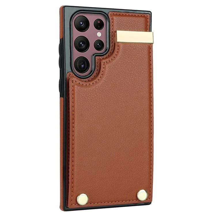 For Samsung Galaxy S22 Ultra 5G Cover Card Slots TPU+PU Leather Cell Phone Case with Metal Decor