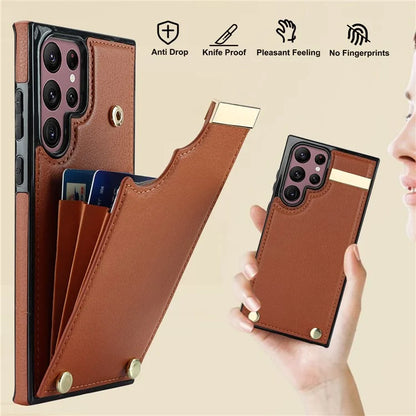 For Samsung Galaxy S22 Ultra 5G Cover Card Slots TPU+PU Leather Cell Phone Case with Metal Decor