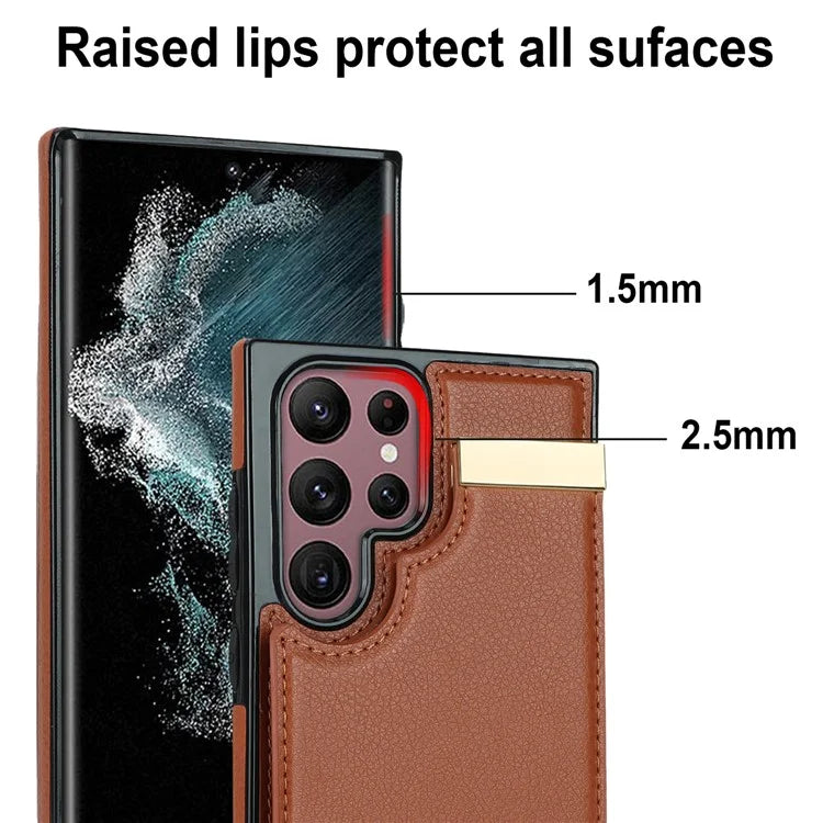 For Samsung Galaxy S22 Ultra 5G Cover Card Slots TPU+PU Leather Cell Phone Case with Metal Decor