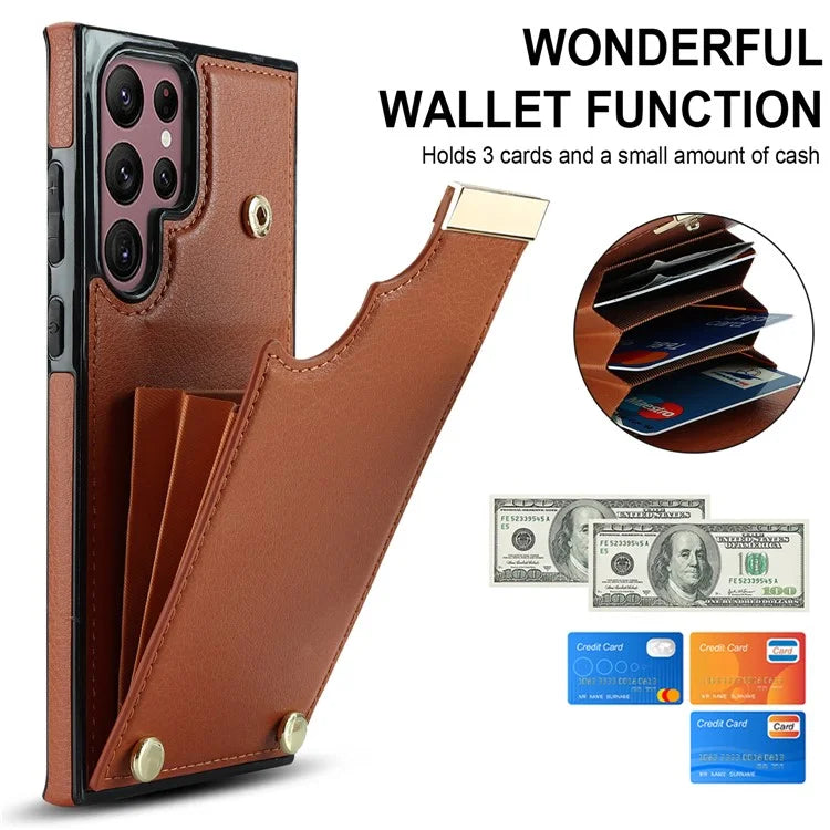 For Samsung Galaxy S22 Ultra 5G Cover Card Slots TPU+PU Leather Cell Phone Case with Metal Decor