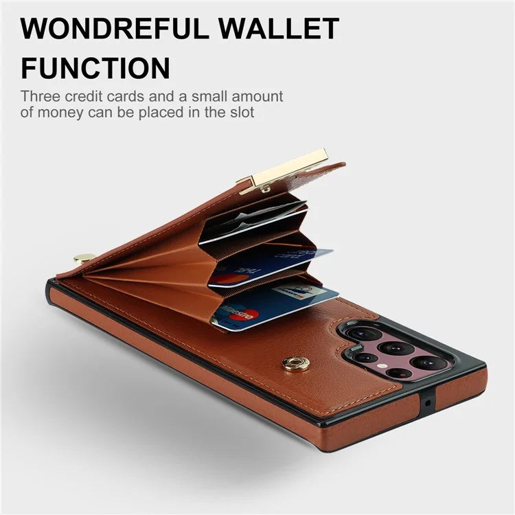 For Samsung Galaxy S22 Ultra 5G Cover Card Slots TPU+PU Leather Cell Phone Case with Metal Decor