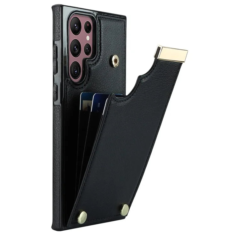 For Samsung Galaxy S22 Ultra 5G Cover Card Slots TPU+PU Leather Cell Phone Case with Metal Decor