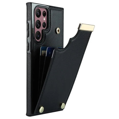 For Samsung Galaxy S22 Ultra 5G Cover Card Slots TPU+PU Leather Cell Phone Case with Metal Decor