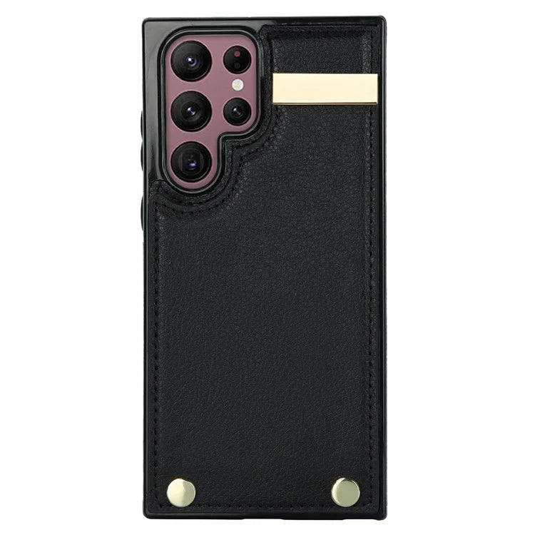 For Samsung Galaxy S22 Ultra 5G Cover Card Slots TPU+PU Leather Cell Phone Case with Metal Decor