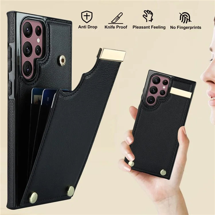 For Samsung Galaxy S22 Ultra 5G Cover Card Slots TPU+PU Leather Cell Phone Case with Metal Decor