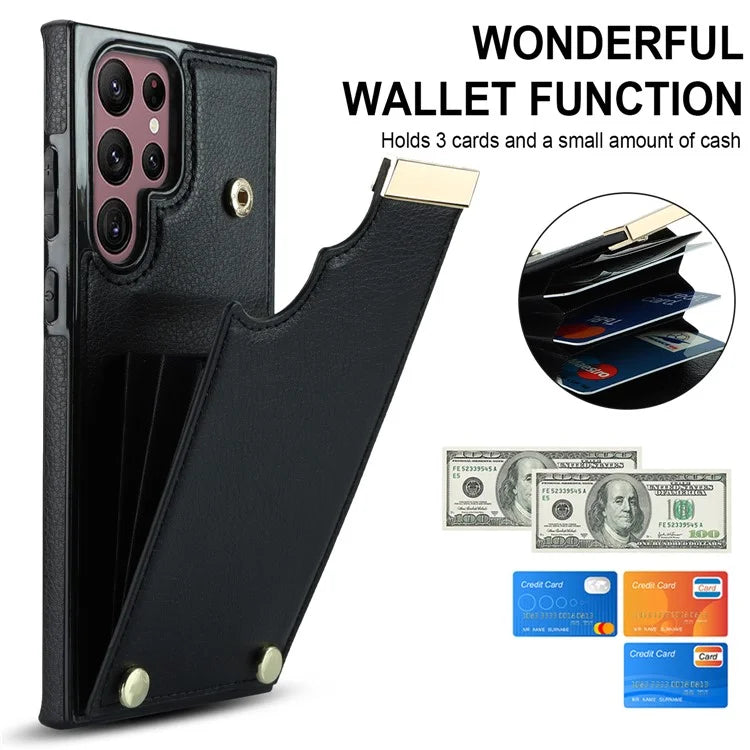 For Samsung Galaxy S22 Ultra 5G Cover Card Slots TPU+PU Leather Cell Phone Case with Metal Decor