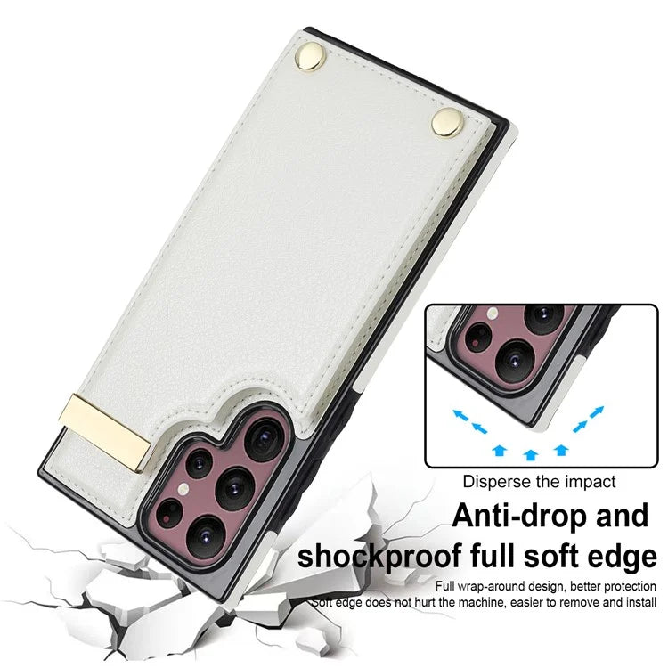 For Samsung Galaxy S22 Ultra 5G Cover Card Slots TPU+PU Leather Cell Phone Case with Metal Decor