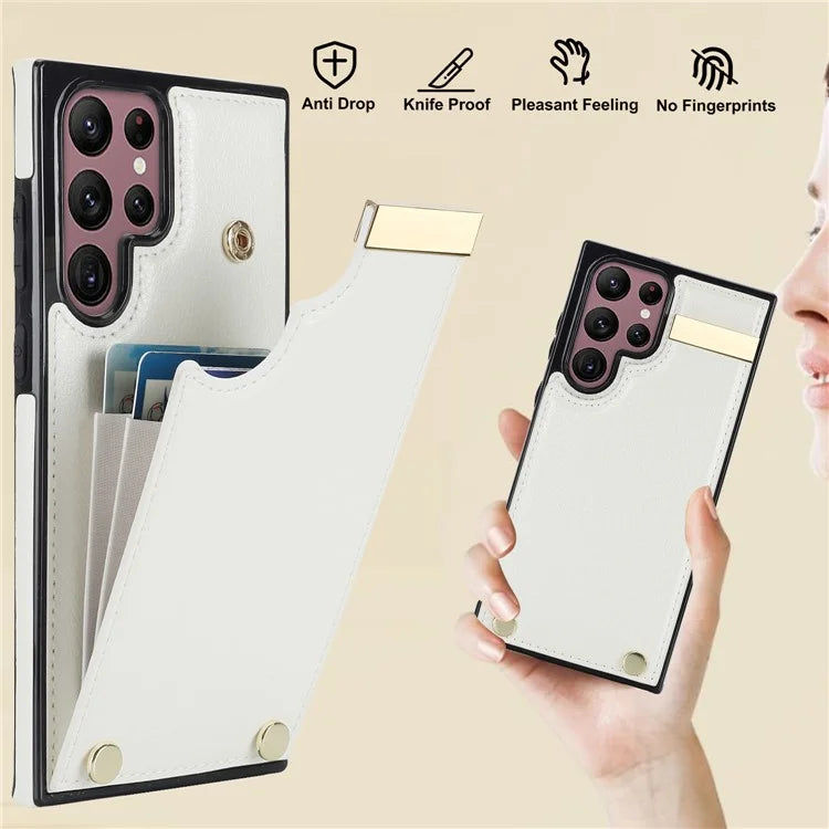 For Samsung Galaxy S22 Ultra 5G Cover Card Slots TPU+PU Leather Cell Phone Case with Metal Decor